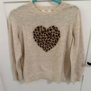 Market & Spruce Leopard Heart Sweater Women’s Large 12-14 Cream Crewneck Knit